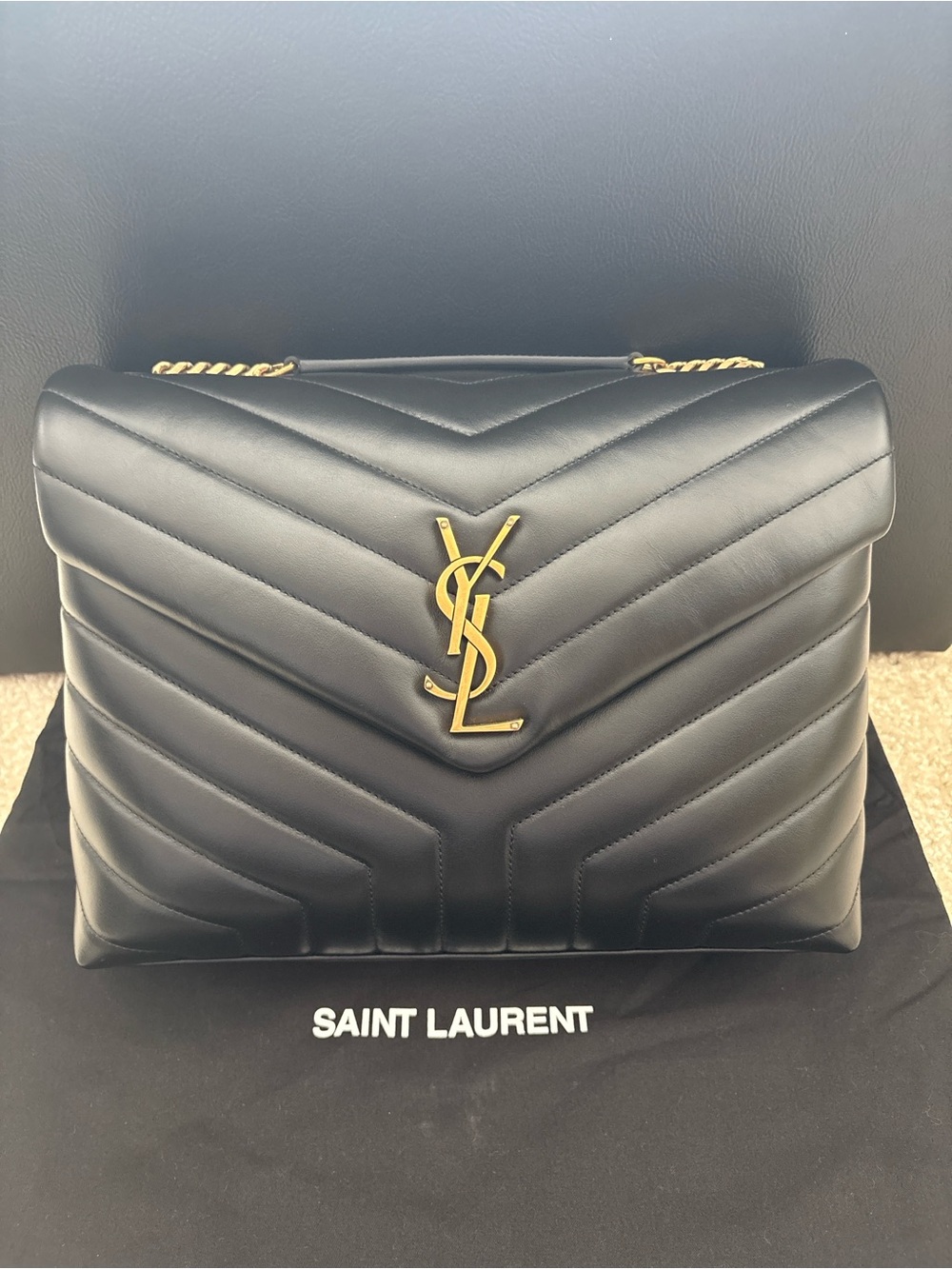 Saint Laurent Black Quilted Chevron Leather Shoulder Bag with Gold YSL Logo - Picture 1 of 15